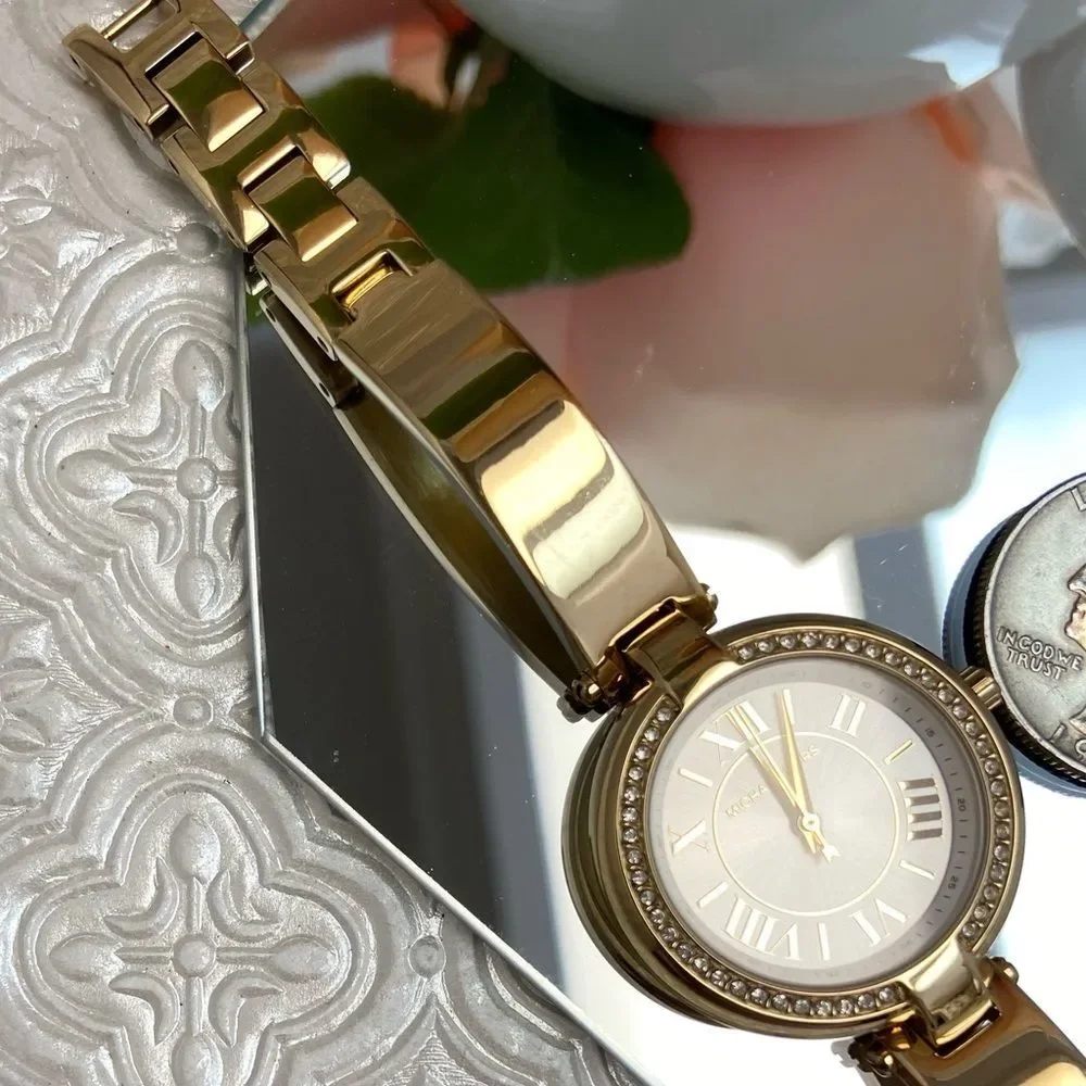 Michael Kors Mini Laney Crystal Accented Bezel Gold-Tone Bangle Watch